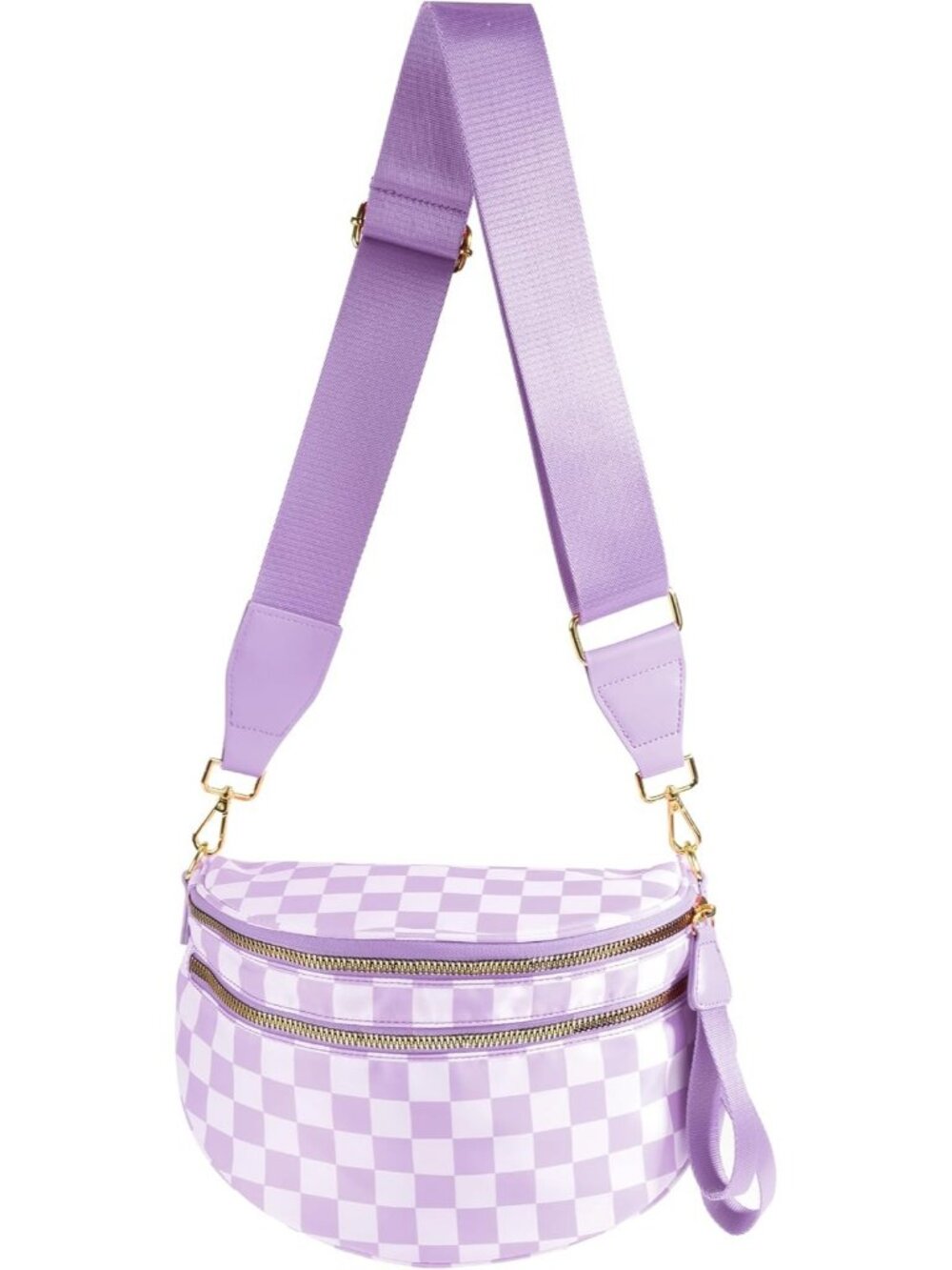 Womens Purple Checkered Check Nylon Spacious Bum Bag Travel Purse Crossbody Bag